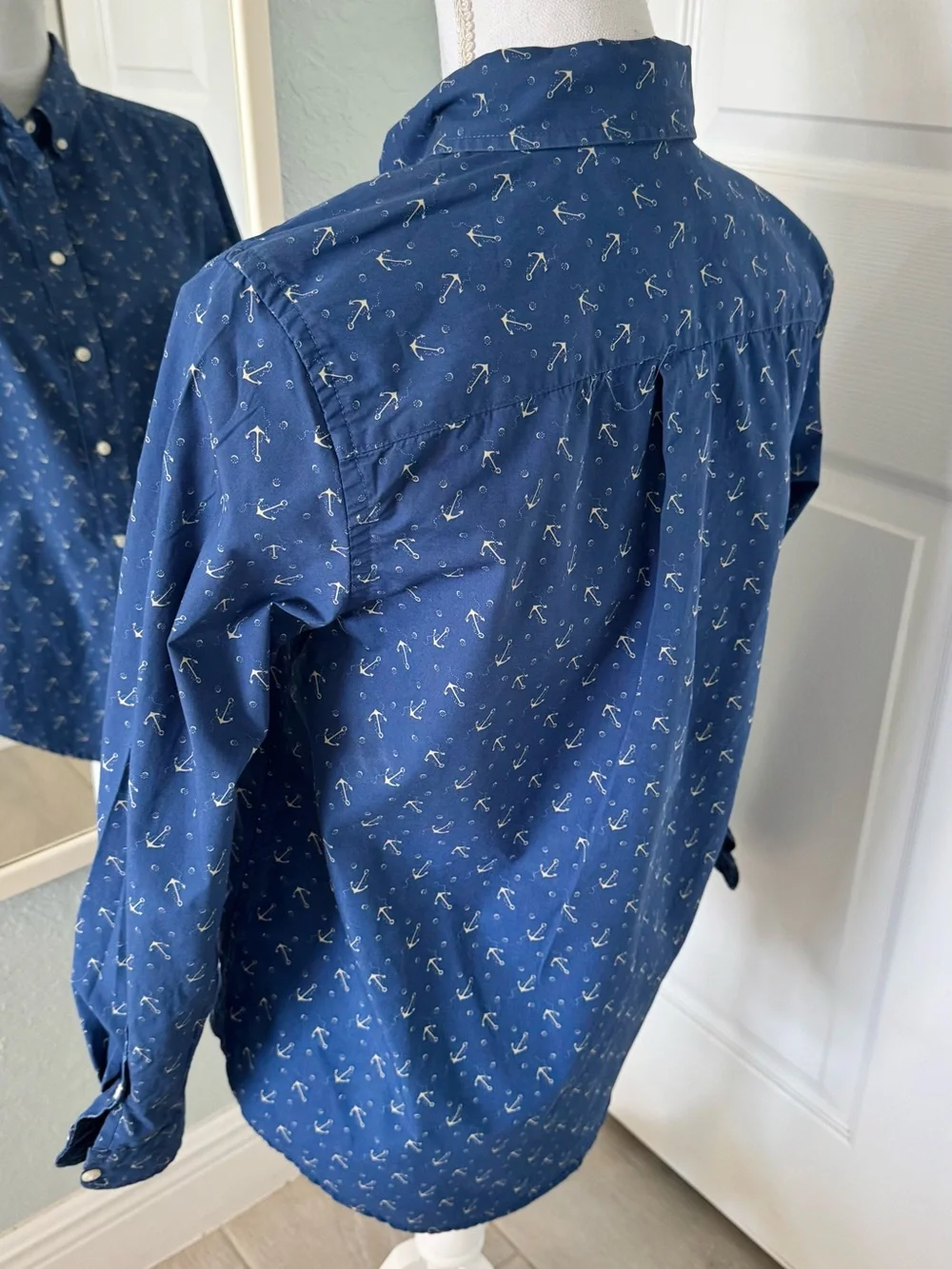 Ralph Lauren Blue Anchor Print Button Down Shirt Boys L 14-16 Women XS S